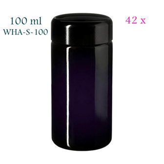 42 x 100 ml Saturn wijdhalspot 96 mm hoog, Miron violet glas. Miron artikelnummer: SM140007-204