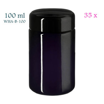 35 x 100 ml Saturn wijdhalspot, 84 mm hoog, Miron violet glas. Miron artikelnummer: SM130017-204
