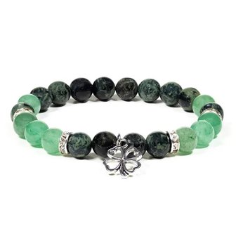 Kambaba jaspis/groene aventurijn armband met klavertje vier hangertje