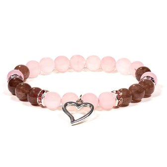 Rozekwarts/aardbeienkwarts armband met hartje