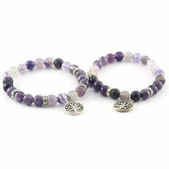 Fluoriet/amethist armband met Levensboom hangertje, 8 mm kralen