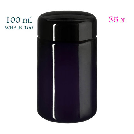 35 x 100 ml Saturn wijdhalspot, 84 mm hoog, Miron violet glas. Miron artikelnummer: SM130017-204