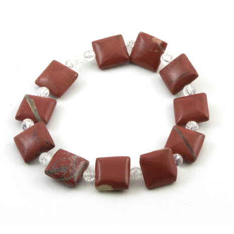 Rode jaspis en bergkristal kralen, kussentjes 12x12 mm