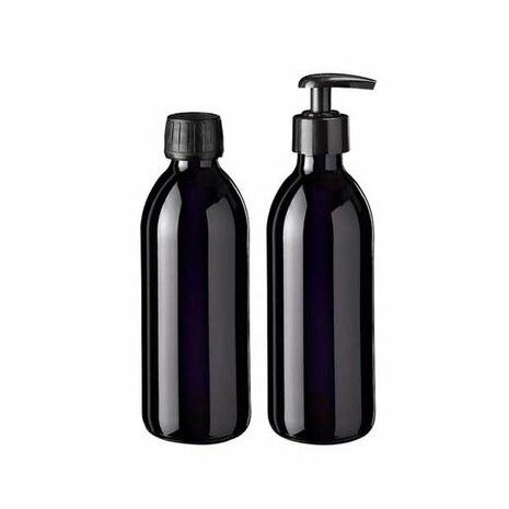 Miron violet glas 250 ml waterfles, type Aquarius, SM191003-204, voorbeeld met schroefdop en pompdop bij Just Flow - webwinkel met violet glas, edelsteenremedies, edelstenen, wierook en spirituele artikelen in Vlissingen (Zeeland)