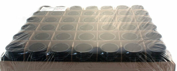 42 x 50 ml Saturn  violet glas wijdhalspot. Miron violet glas. Miron artikelnummer bij Just Flow - webwinkel met violet glas, edelsteenremedies, edelstenen, wierook en spirituele artikelen in Vlissingen (Zeeland)