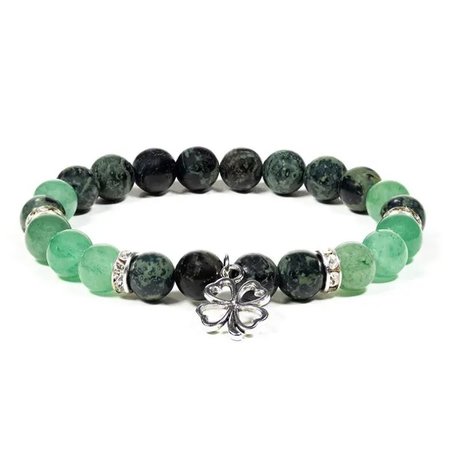 Kambaba Jasper/Green Aventurine Bracelet with Four-Leaf Clover Charm