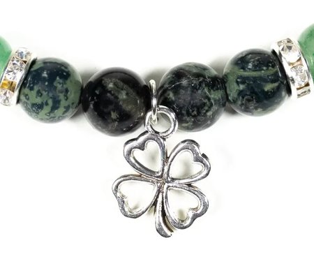 Kambaba Jasper/Green Aventurine Bracelet with Four-Leaf Clover Charm
