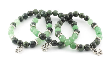 Kambaba Jasper/Green Aventurine Bracelet with Four-Leaf Clover Charm