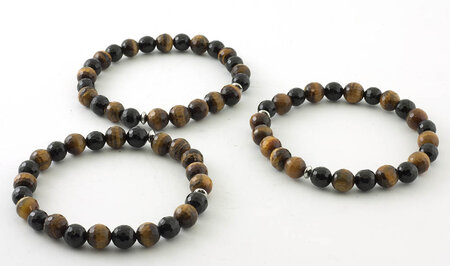 Tiger's Eye and Black Tourmaline Bracelet, 7-8 mm Facetted Beads